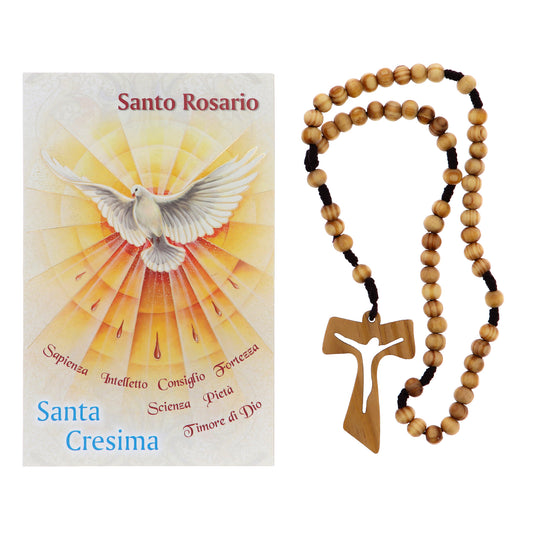 Ricordino Cresima - Corona in corda e grani in  legno 6 mm con confezione