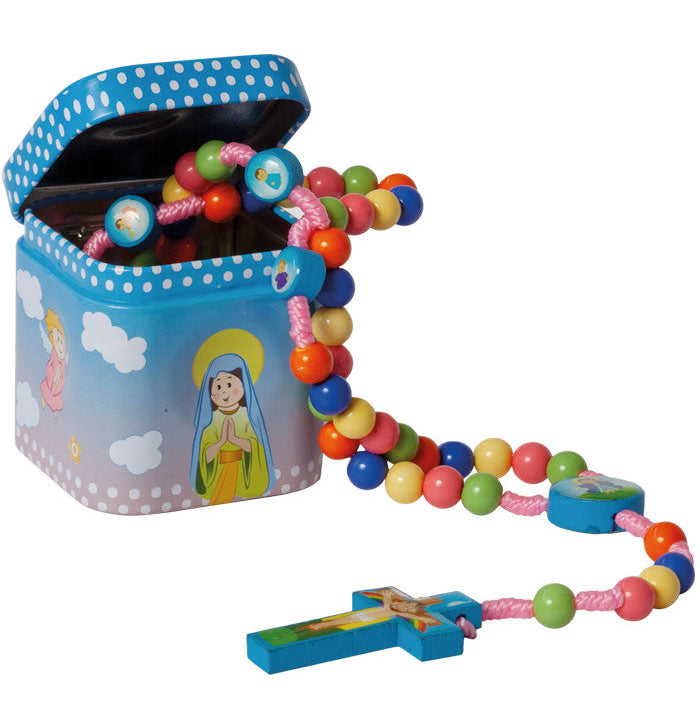 Corona in legno per Bambini, grani  7 mm con scatolina in latta