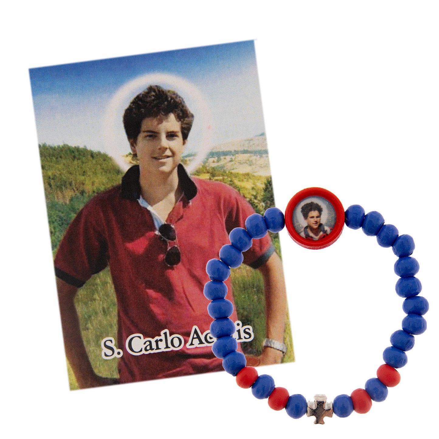 Bracciale elastico per bambini con immagine Carlo Acutis e croce. Con confezione.