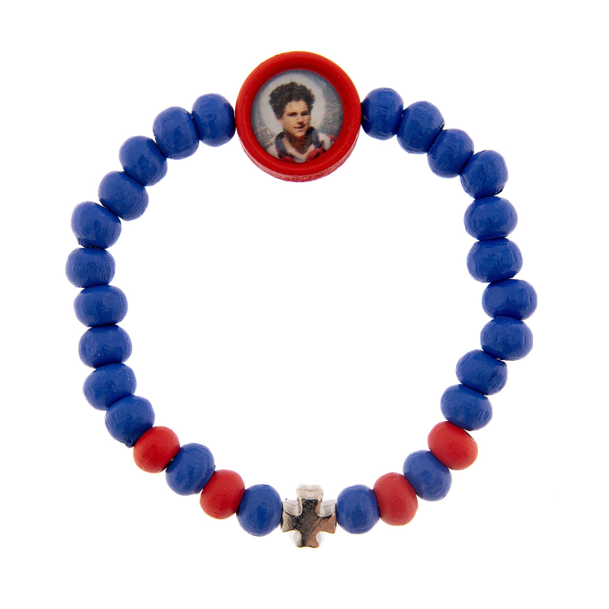 Bracciale elastico per bambini con immagine Carlo Acutis e croce. Con confezione.