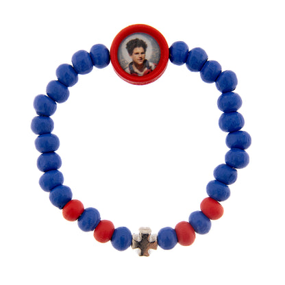 Bracciale elastico per bambini con immagine Carlo Acutis e croce. Con confezione.