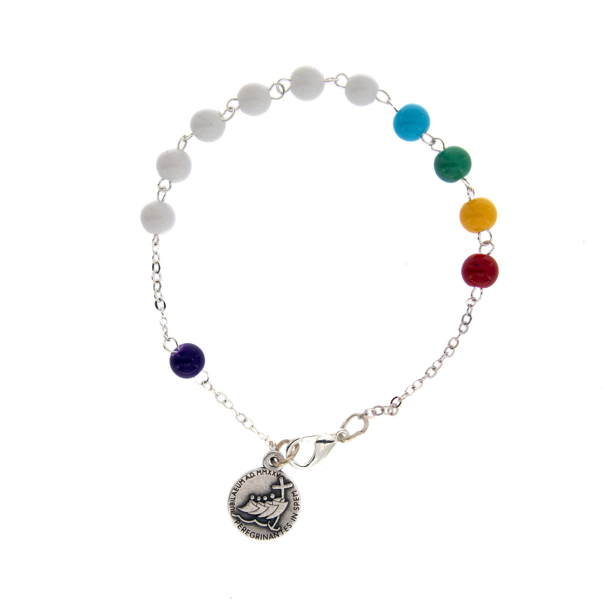 Bracciale decina del Giubileo in vetro laccato e medaglia. Lunghezza 21,5 cm