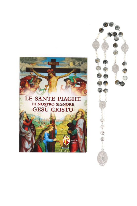 Confezione libro "Le Sante piaghe di Nostro Signore Gesù Cristo" e Corona delle Cinque piaghe di Gesù