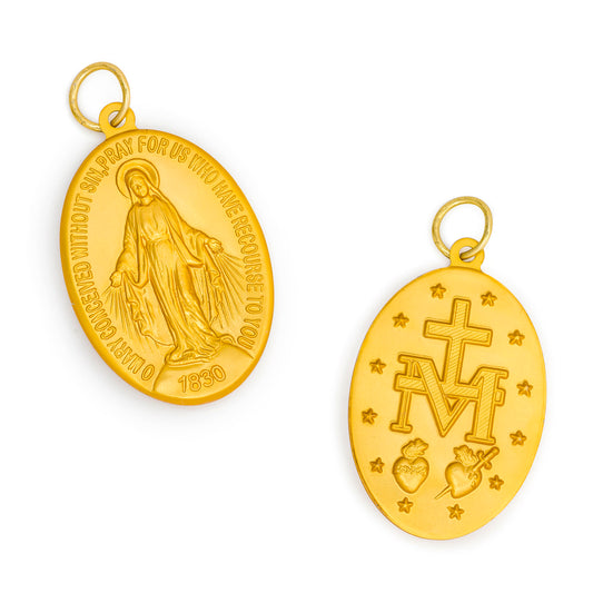 Medaglia Miracolosa in alluminio color oro, in lingua inglese. Altezza 5 cm