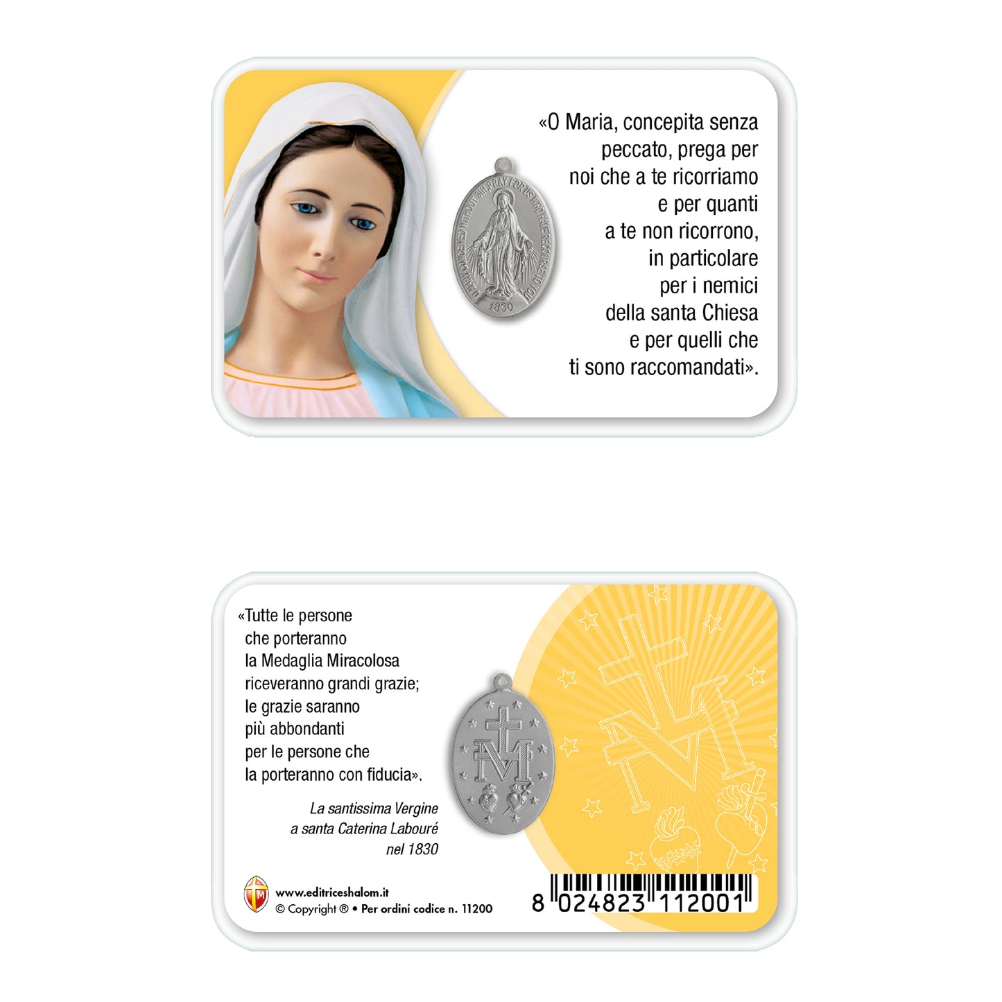 Card plastificata Madonna con medaglia Miracolosa e preghiera