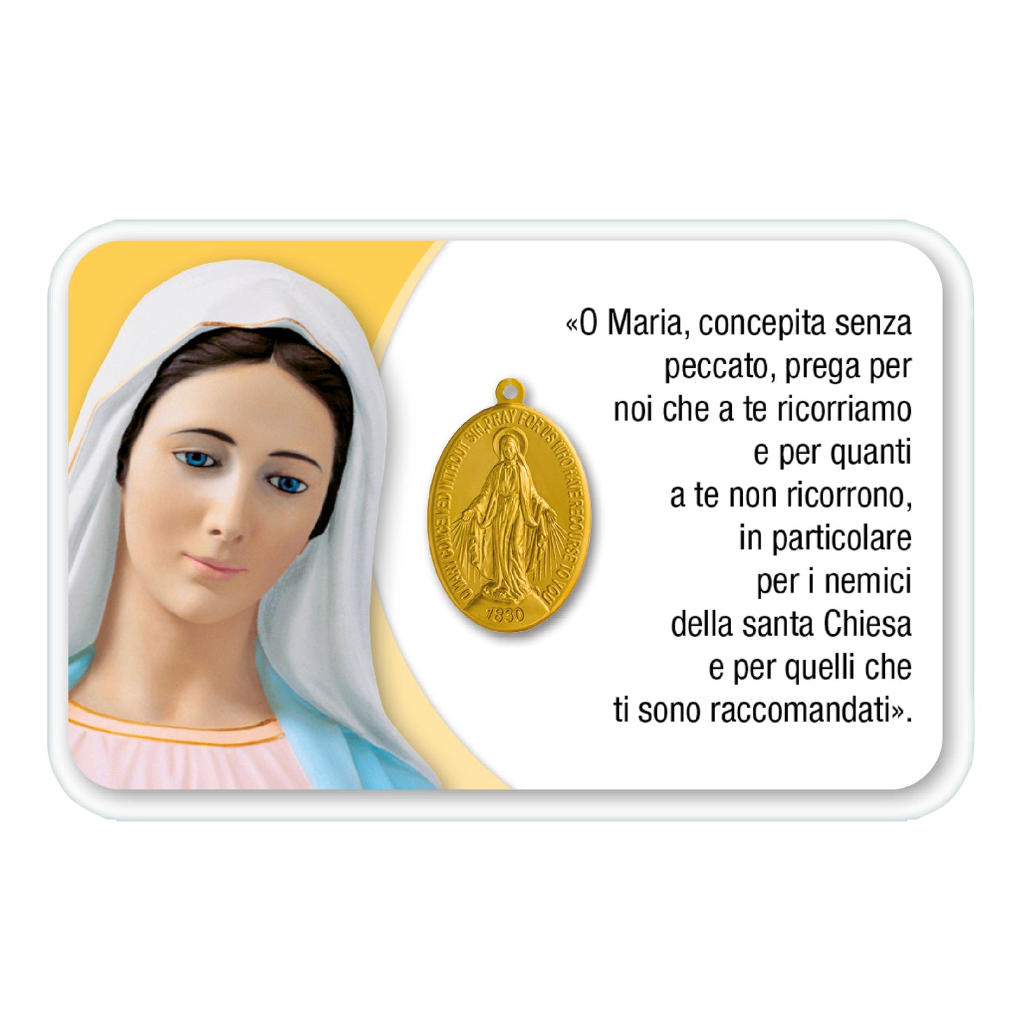 Card plastificata Madonna con medaglia Miracolosa e preghiera