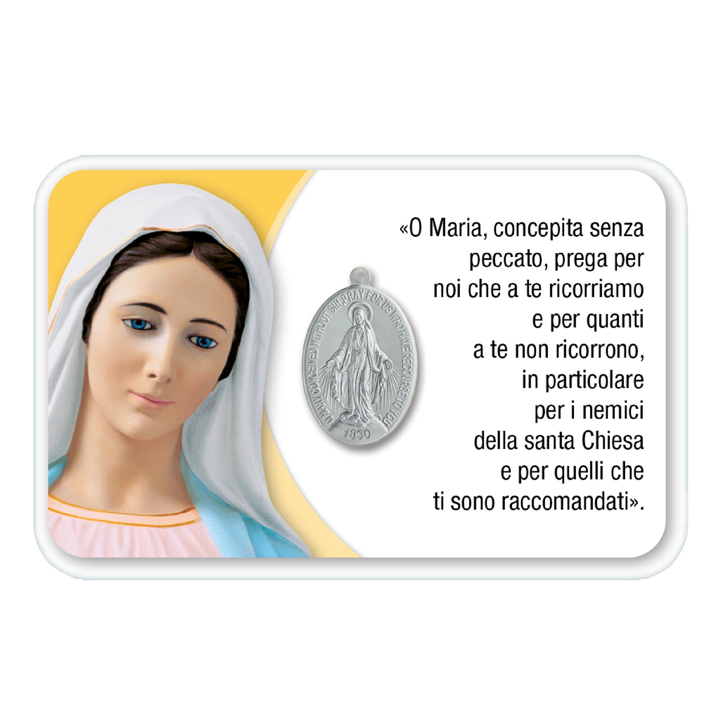Card plastificata Madonna con medaglia Miracolosa e preghiera