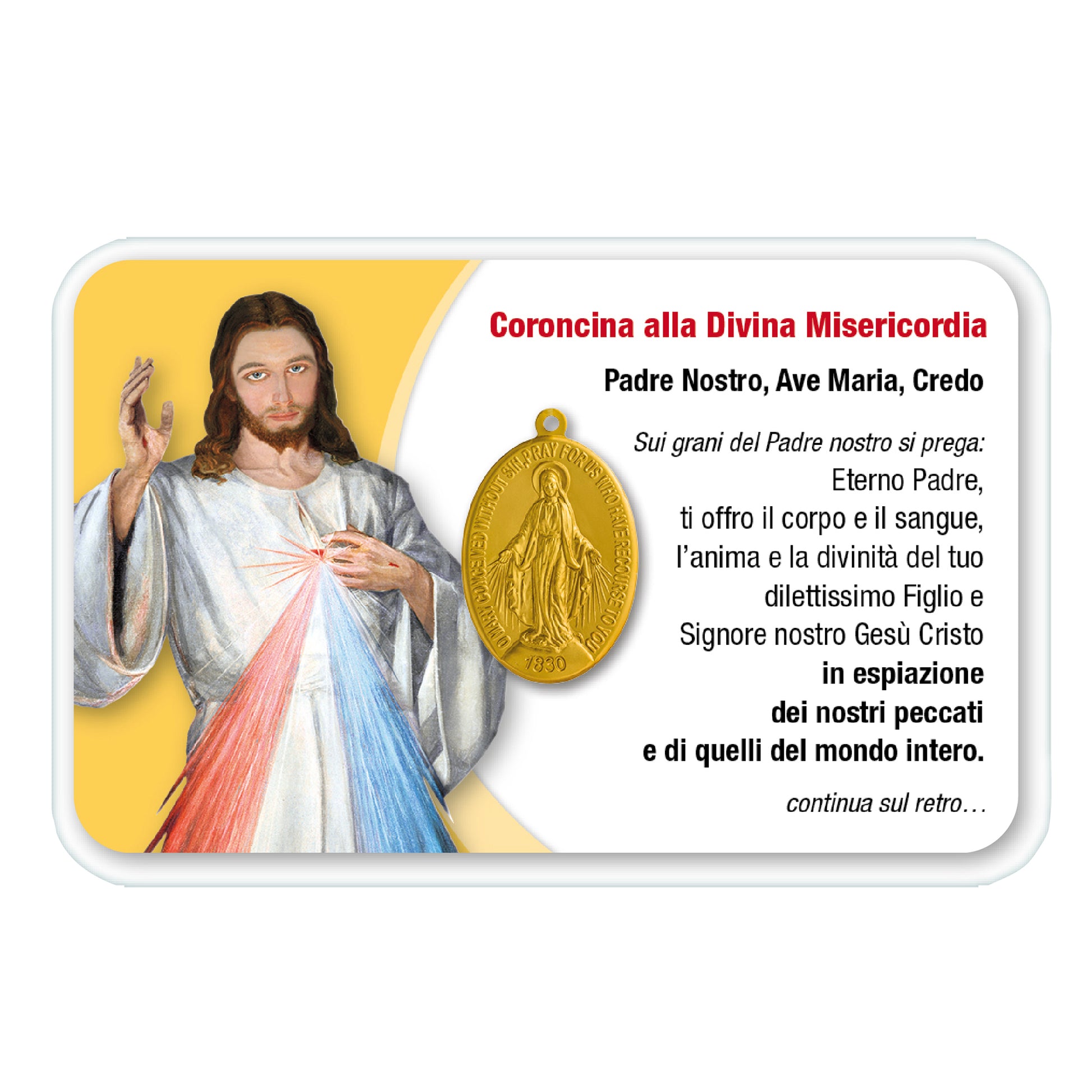 Card plastificata Divina Misericordia con medaglia Miracolosa e preghiera