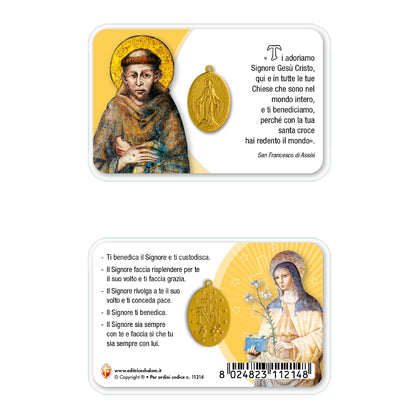 Card plastificata San Francesco e Santa Chiara con medaglia Miracolosa e preghiera