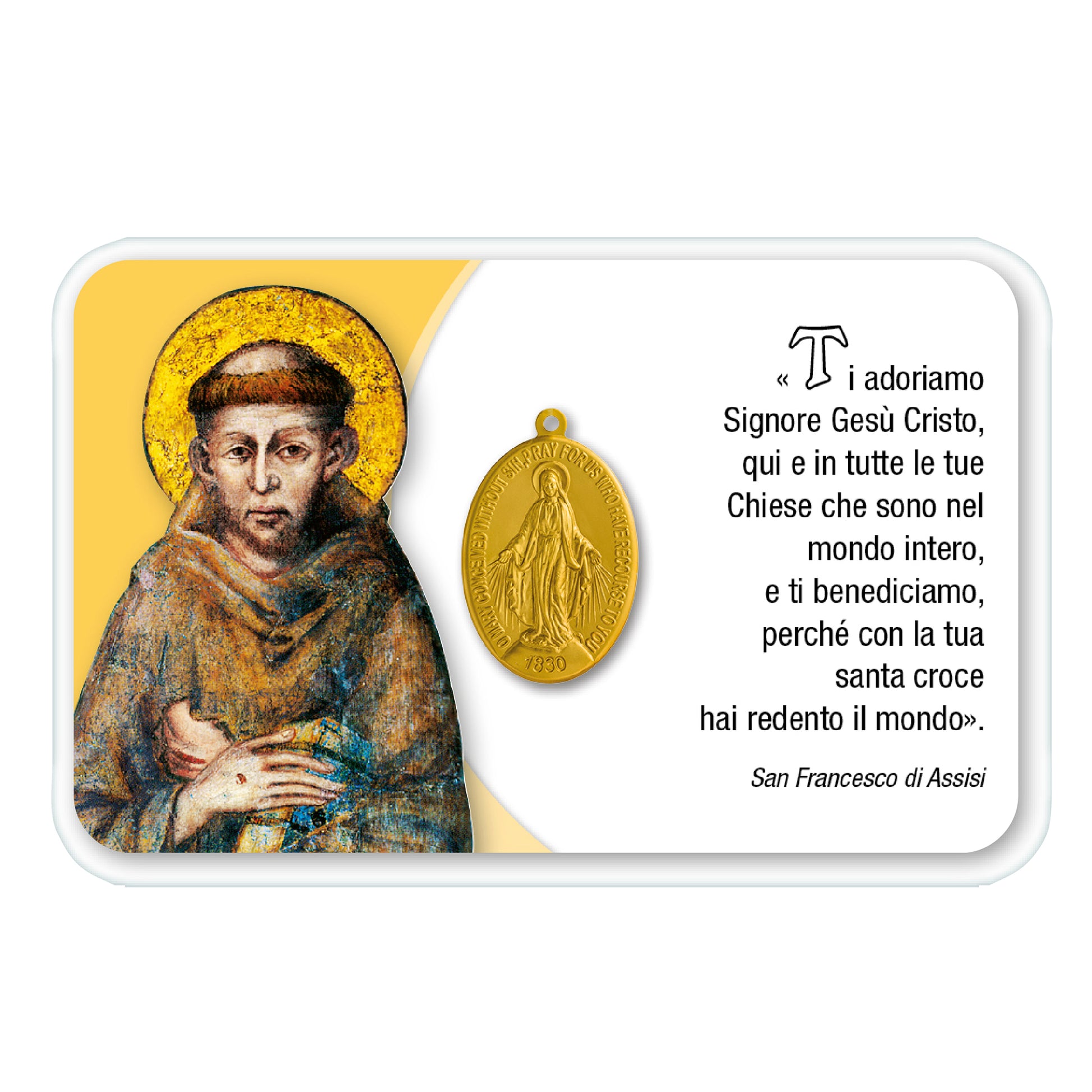 Card plastificata San Francesco e Santa Chiara con medaglia Miracolosa e preghiera