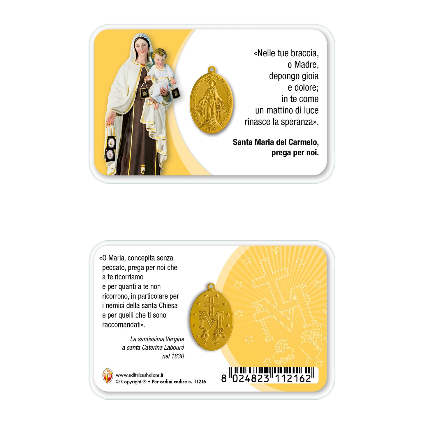 Card plastificata Madonna del Carmelo con medaglia Miracolosa e preghiera
