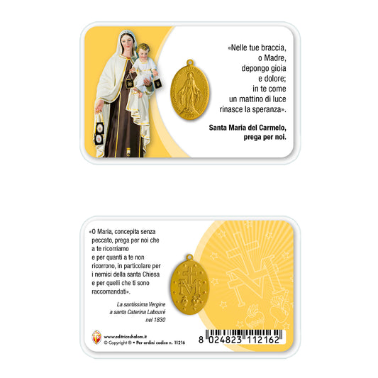 Card plastificata Madonna del Carmelo con medaglia Miracolosa e preghiera