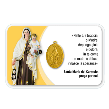 Card plastificata Madonna del Carmelo con medaglia Miracolosa e preghiera