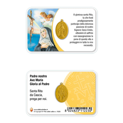 Card plastificata Santa Rita con medaglia Miracolosa e preghiera