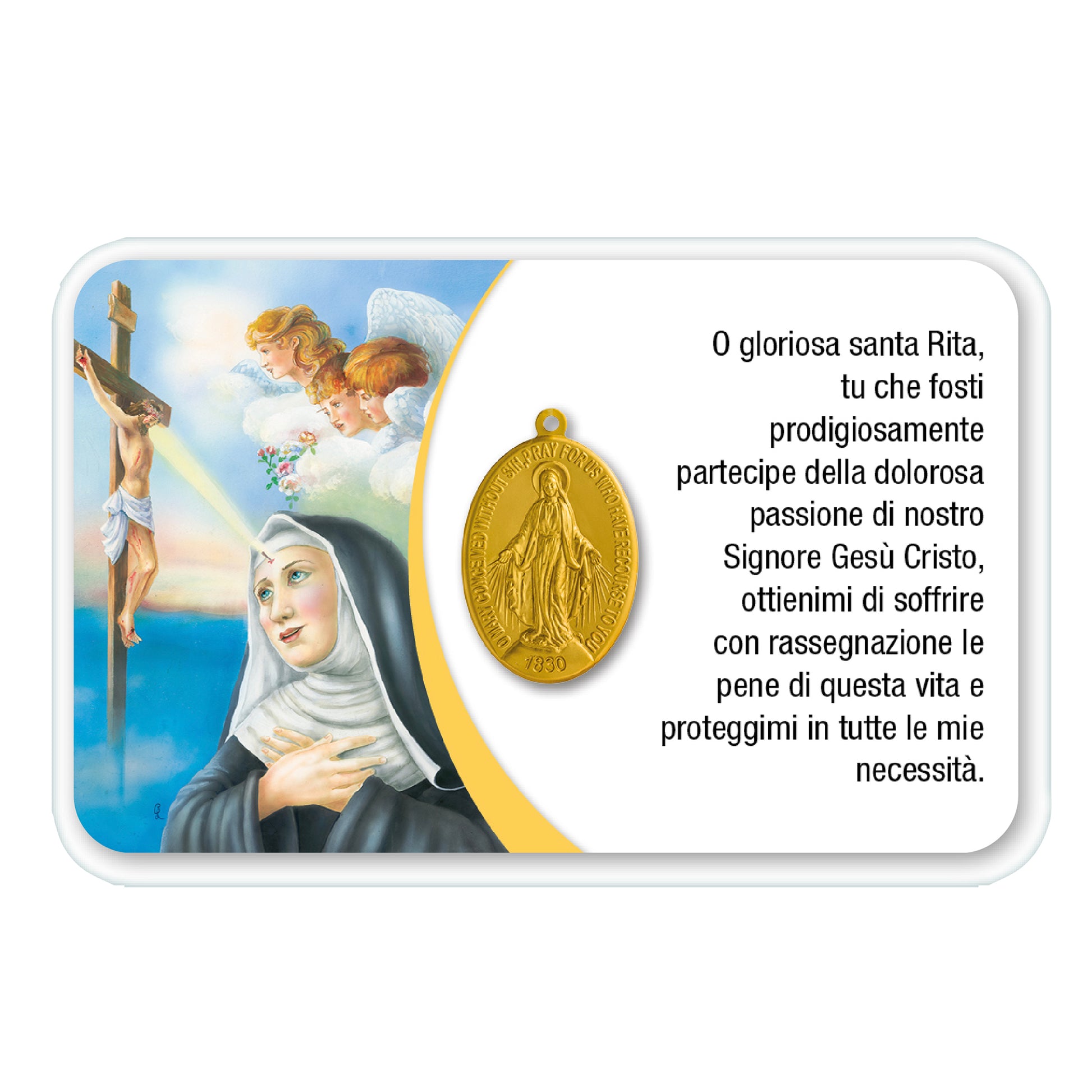 Card plastificata Santa Rita con medaglia Miracolosa e preghiera