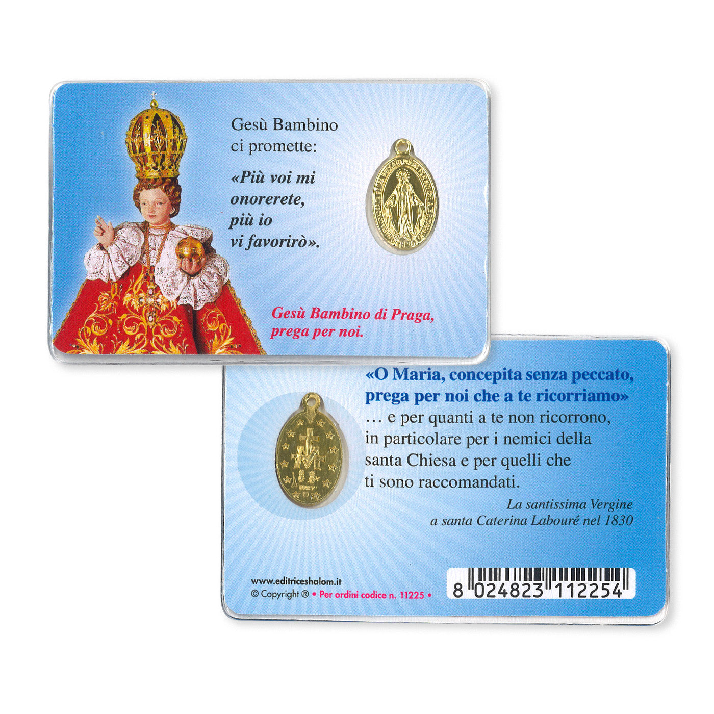Medaglia Miracolosa in alluminio color oro plastificata con santino e preghiera a Gesù Bambino di Praga