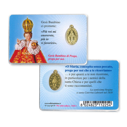 Medaglia Miracolosa in alluminio color oro plastificata con santino e preghiera a Gesù Bambino di Praga