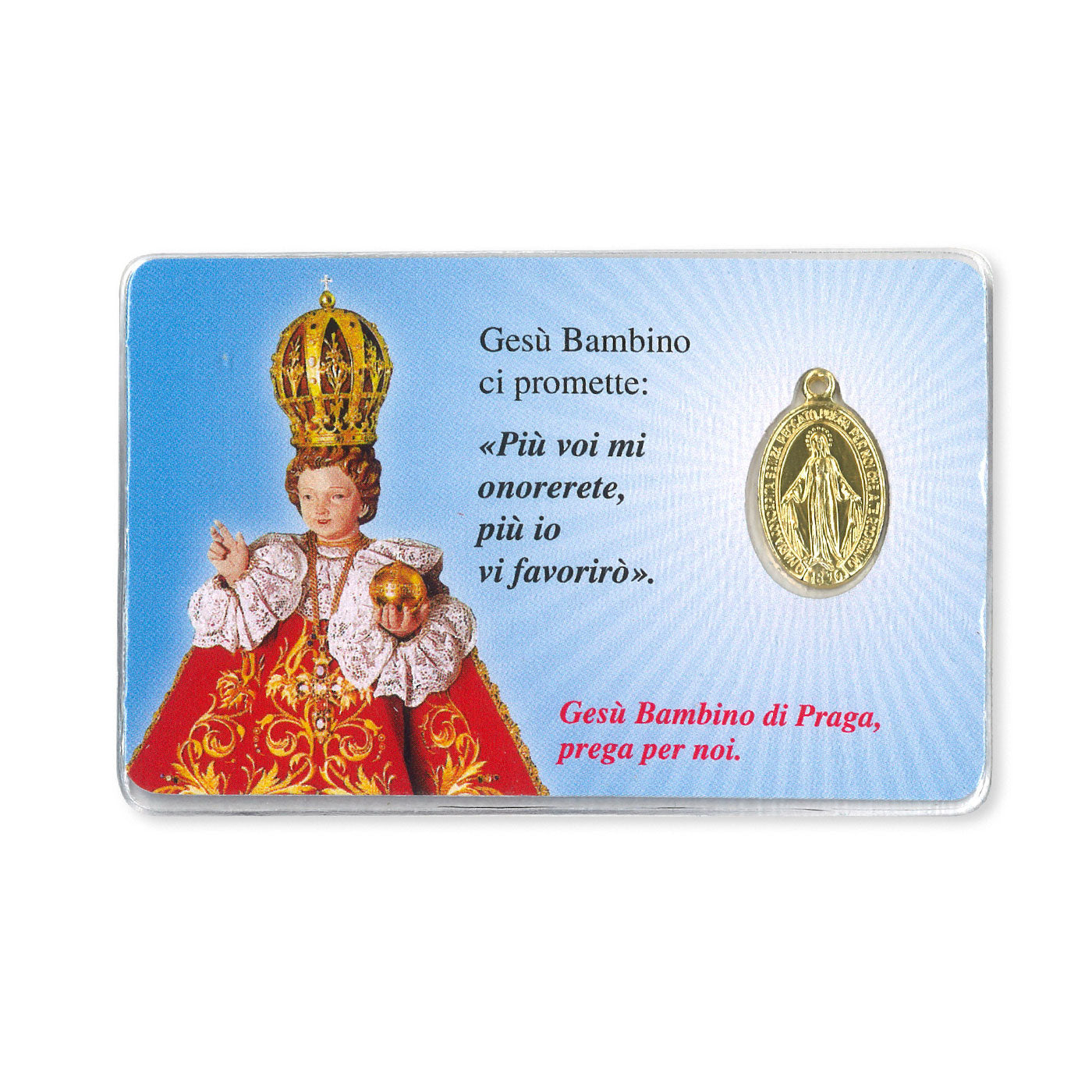 Medaglia Miracolosa in alluminio color oro plastificata con santino e preghiera a Gesù Bambino di Praga