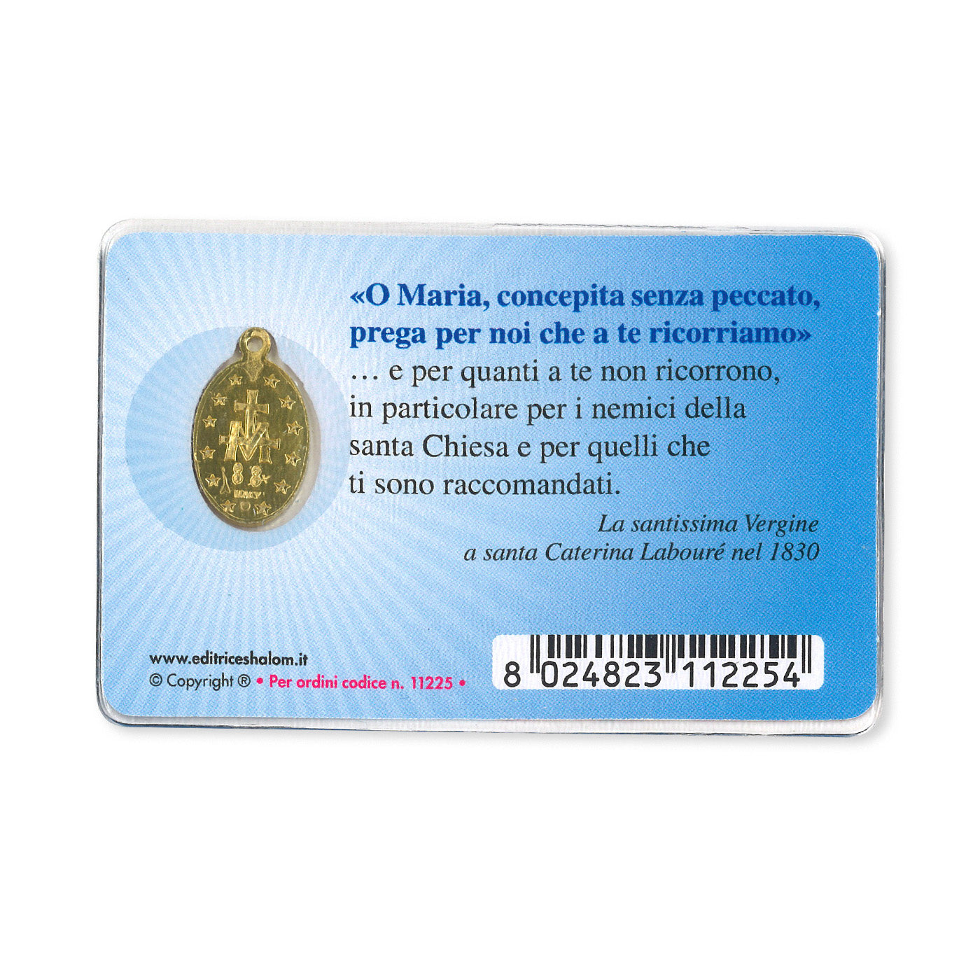Medaglia Miracolosa in alluminio color oro plastificata con santino e preghiera a Gesù Bambino di Praga