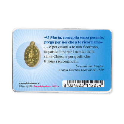 Medaglia Miracolosa in alluminio color oro plastificata con santino e preghiera a Gesù Bambino di Praga
