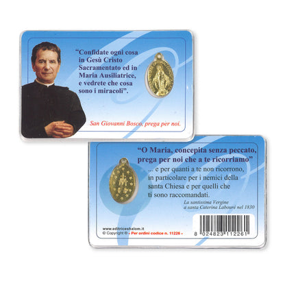 Medaglia Miracolosa in alluminio color oro plastificata con santino e preghiera a san Giovanni Bosco
