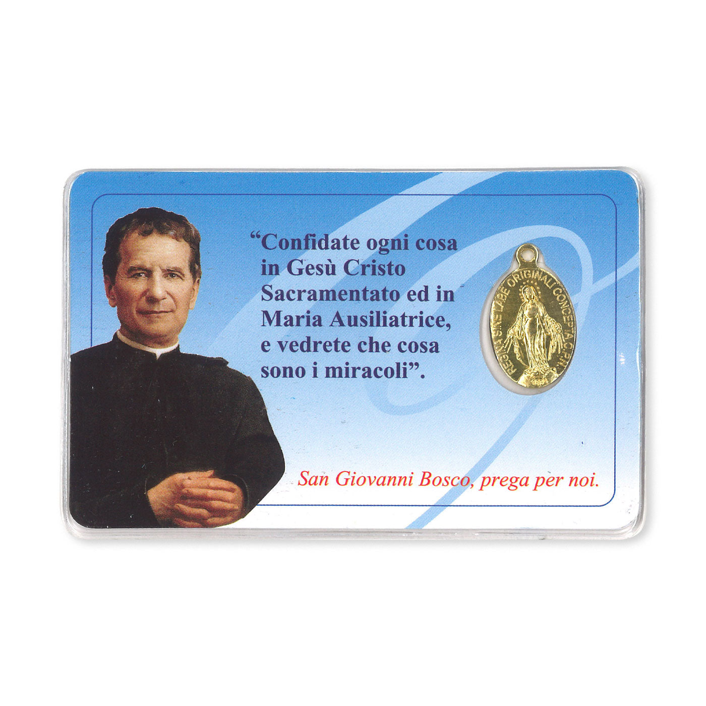 Medaglia Miracolosa in alluminio color oro plastificata con santino e preghiera a san Giovanni Bosco