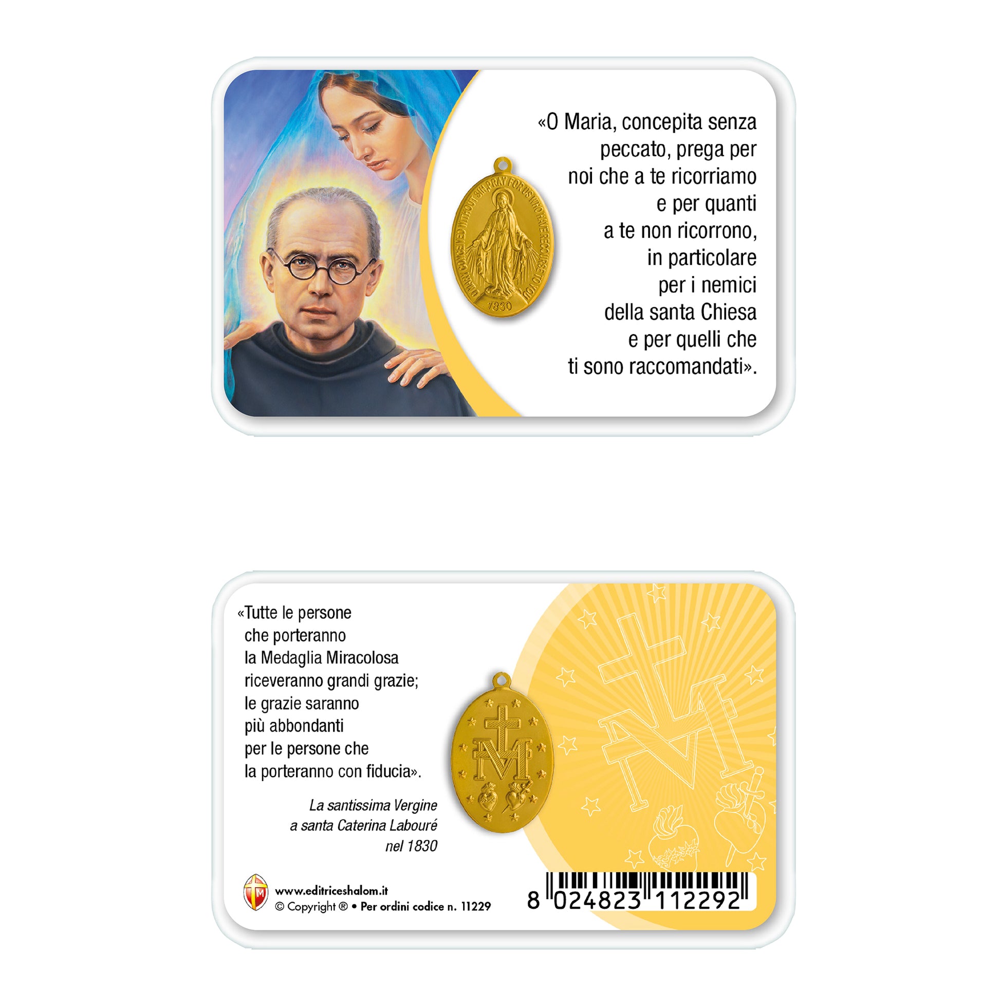 Card plastificata San Massimiliano Kolbe con medaglia Miracolosa e preghiera