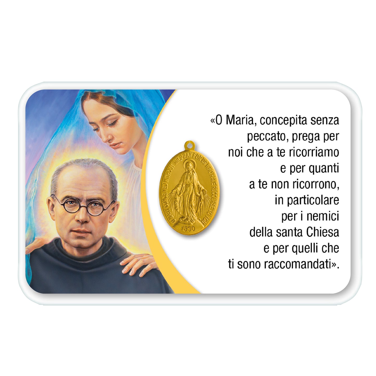 Card plastificata San Massimiliano Kolbe con medaglia Miracolosa e preghiera