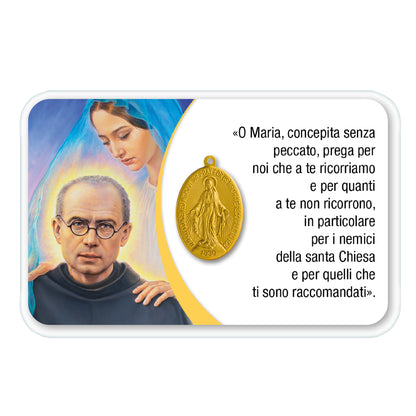 Card plastificata San Massimiliano Kolbe con medaglia Miracolosa e preghiera