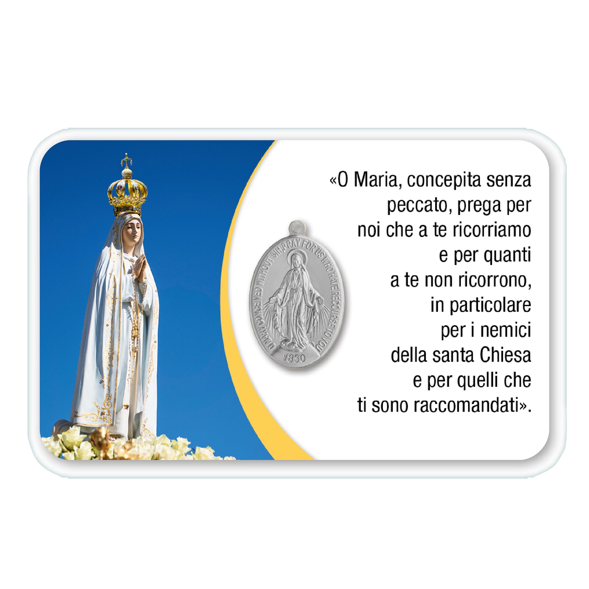 Card plastificata Madonna di Fatima con medaglia Miracolosa e preghiera
