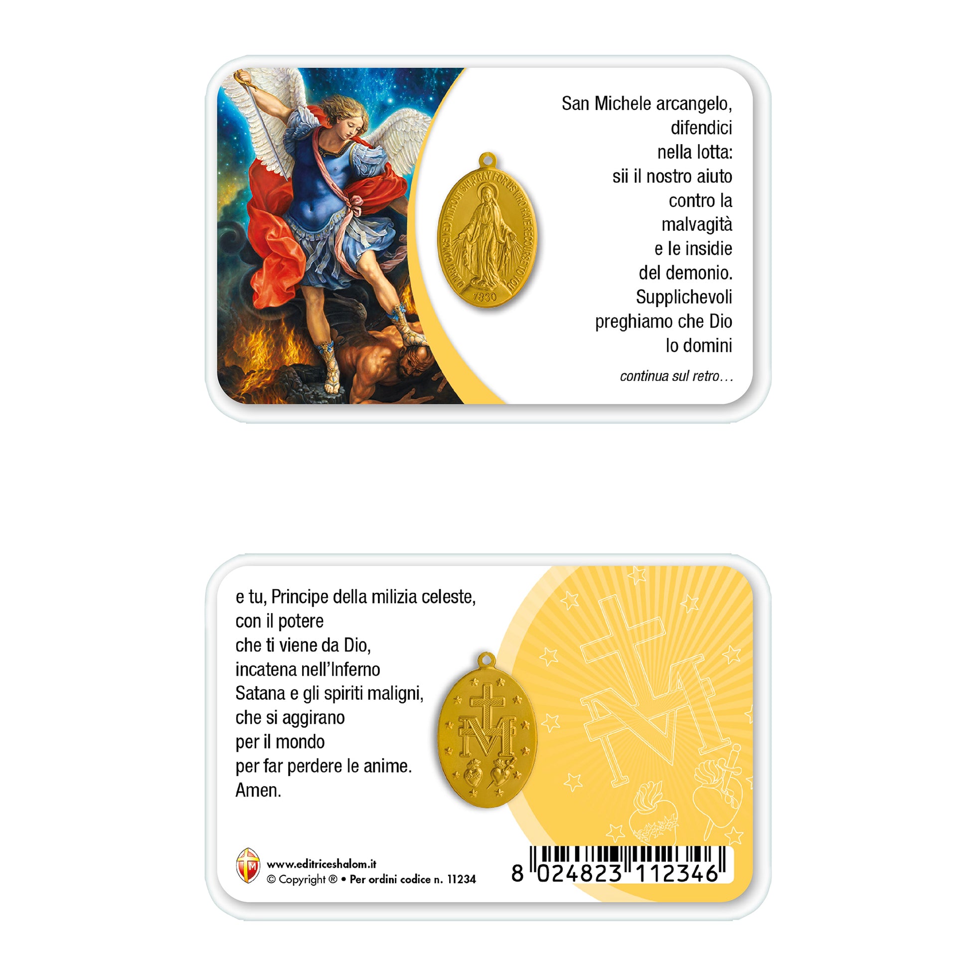 Card plastificata San Michele con medaglia Miracolosa e preghiera