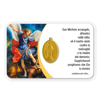 Card plastificata San Michele con medaglia Miracolosa e preghiera