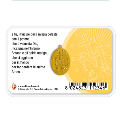 Card plastificata San Michele con medaglia Miracolosa e preghiera