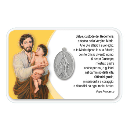 Card plastificata San Giuseppe con medaglia Miracolosa e preghiera