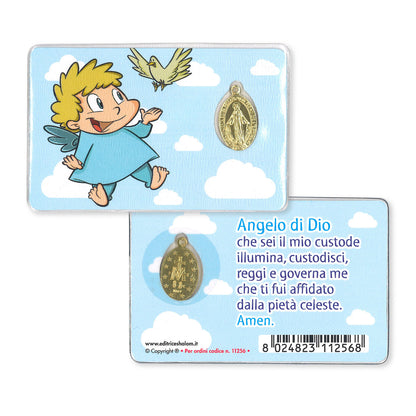 Card plastificata Angelo con medaglia Miracolosa e preghiera