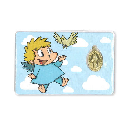 Card plastificata Angelo con medaglia Miracolosa e preghiera