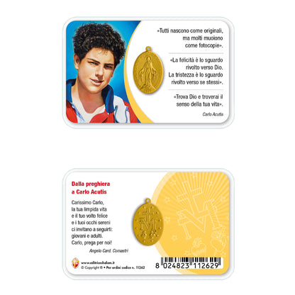 Card plastificata beato Carlo Acutis con medaglia Miracolosa e preghiera