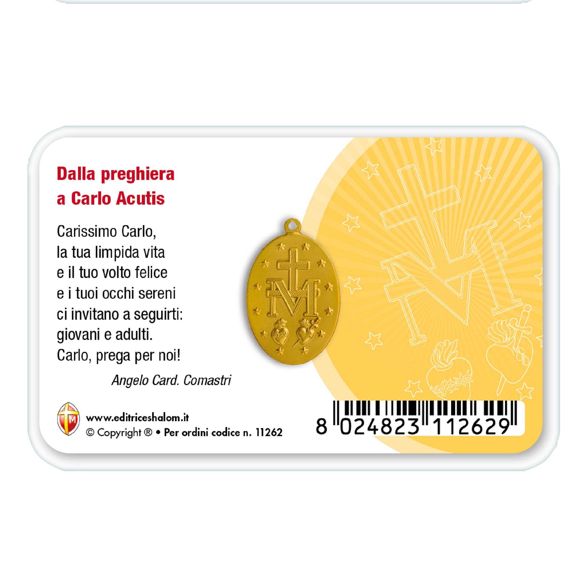 Card plastificata beato Carlo Acutis con medaglia Miracolosa e preghiera