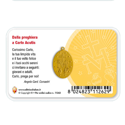 Card plastificata beato Carlo Acutis con medaglia Miracolosa e preghiera