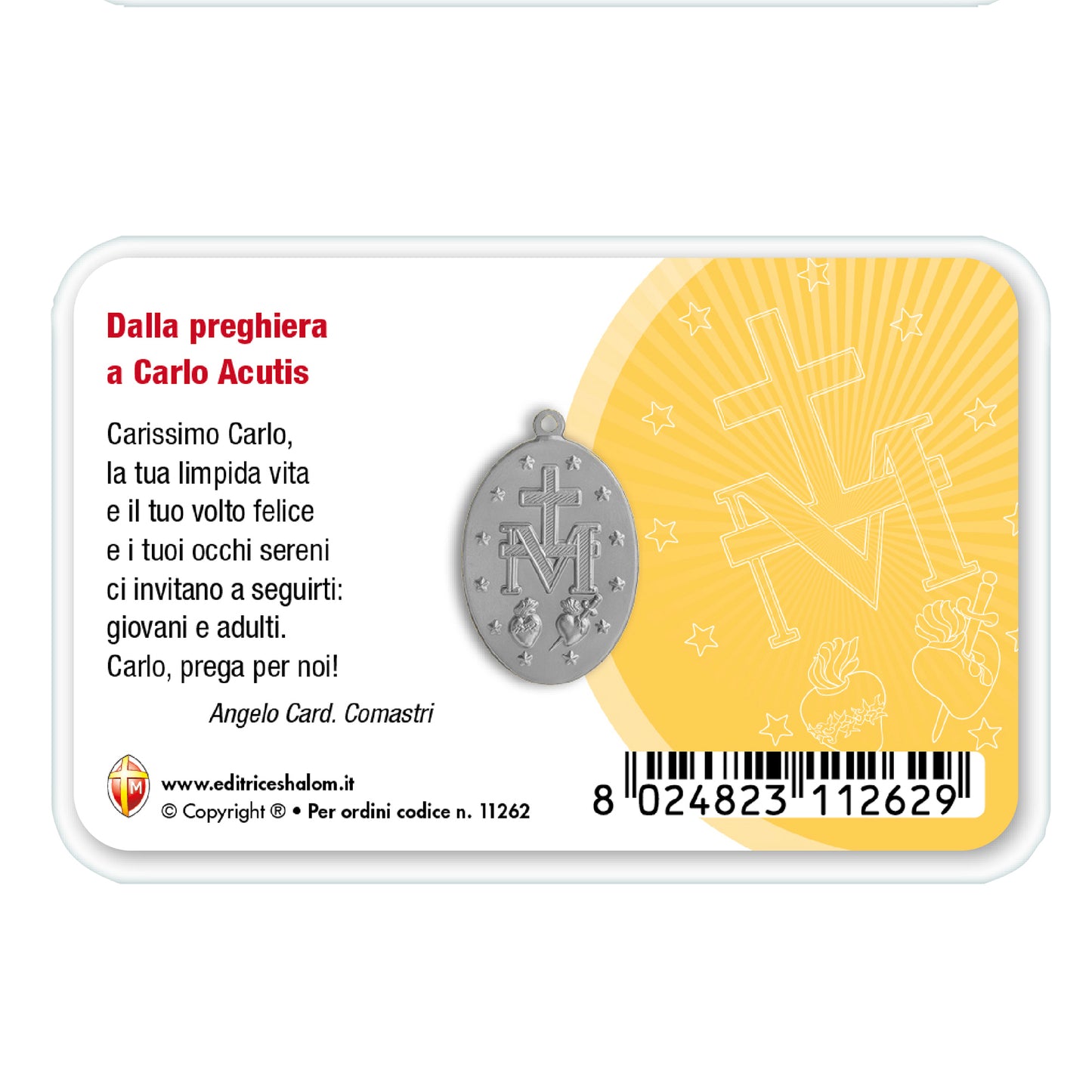 Card plastificata san Carlo Acutis con medaglia Miracolosa e preghiera