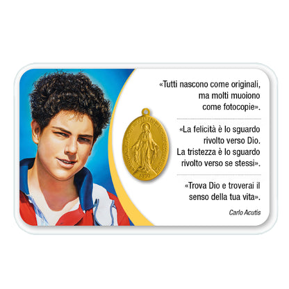 Card plastificata beato Carlo Acutis con medaglia Miracolosa e preghiera