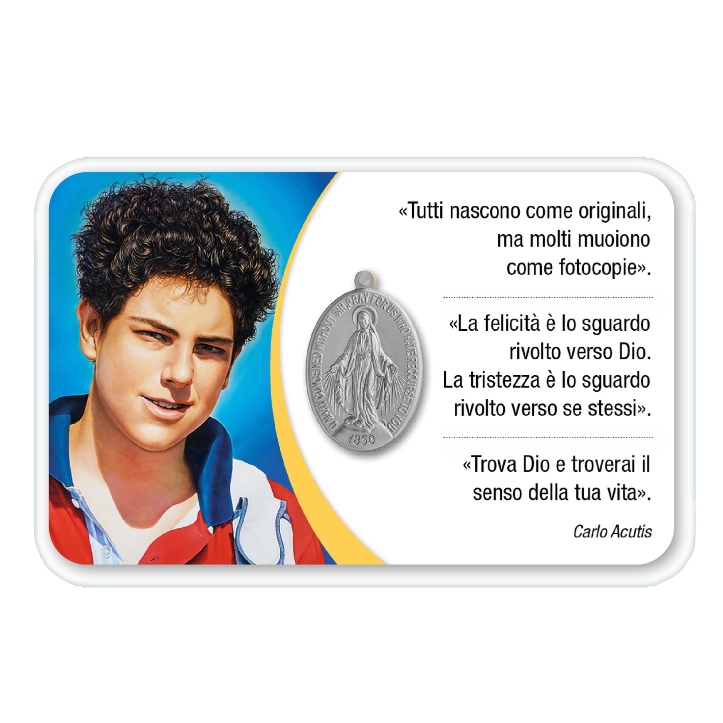 Card plastificata san Carlo Acutis con medaglia Miracolosa e preghiera