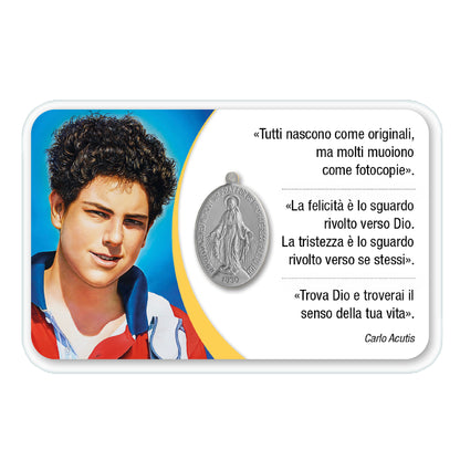 Card plastificata san Carlo Acutis con medaglia Miracolosa e preghiera
