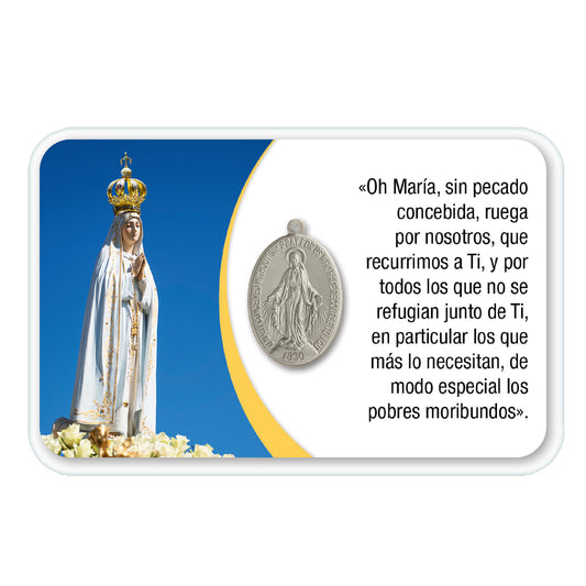 Card plastificata Madonna di Fatima con medaglia Miracolosa e preghiera