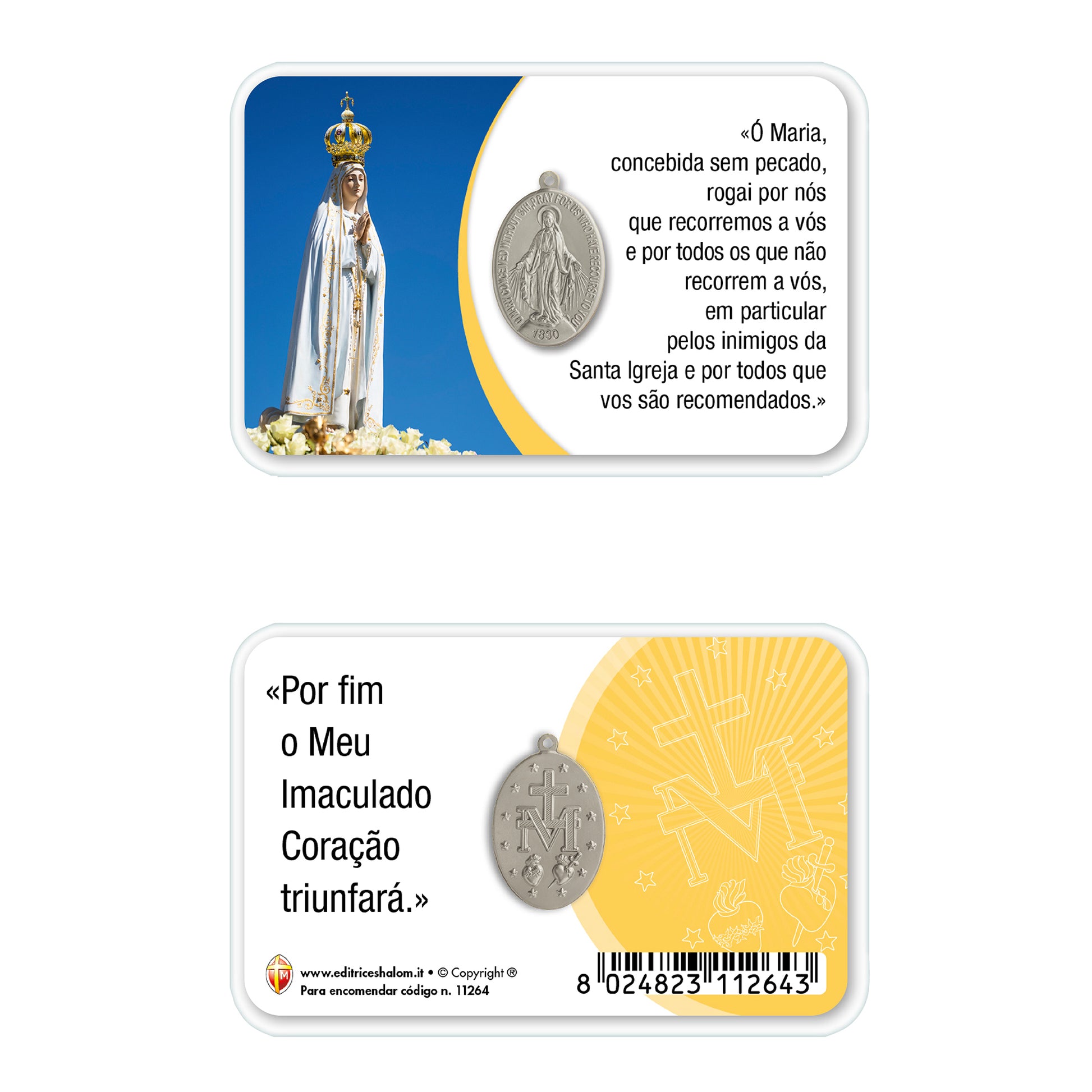 Card plastificata Madonna di Fatima con medaglia Miracolosa e preghiera