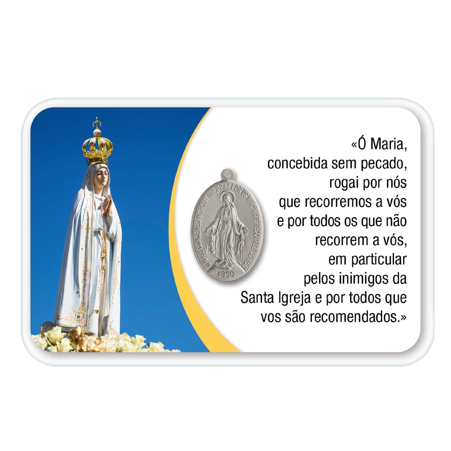 Card plastificata Madonna di Fatima con medaglia Miracolosa e preghiera