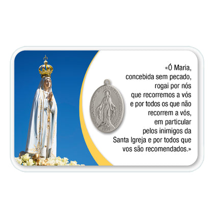 Card plastificata Madonna di Fatima con medaglia Miracolosa e preghiera