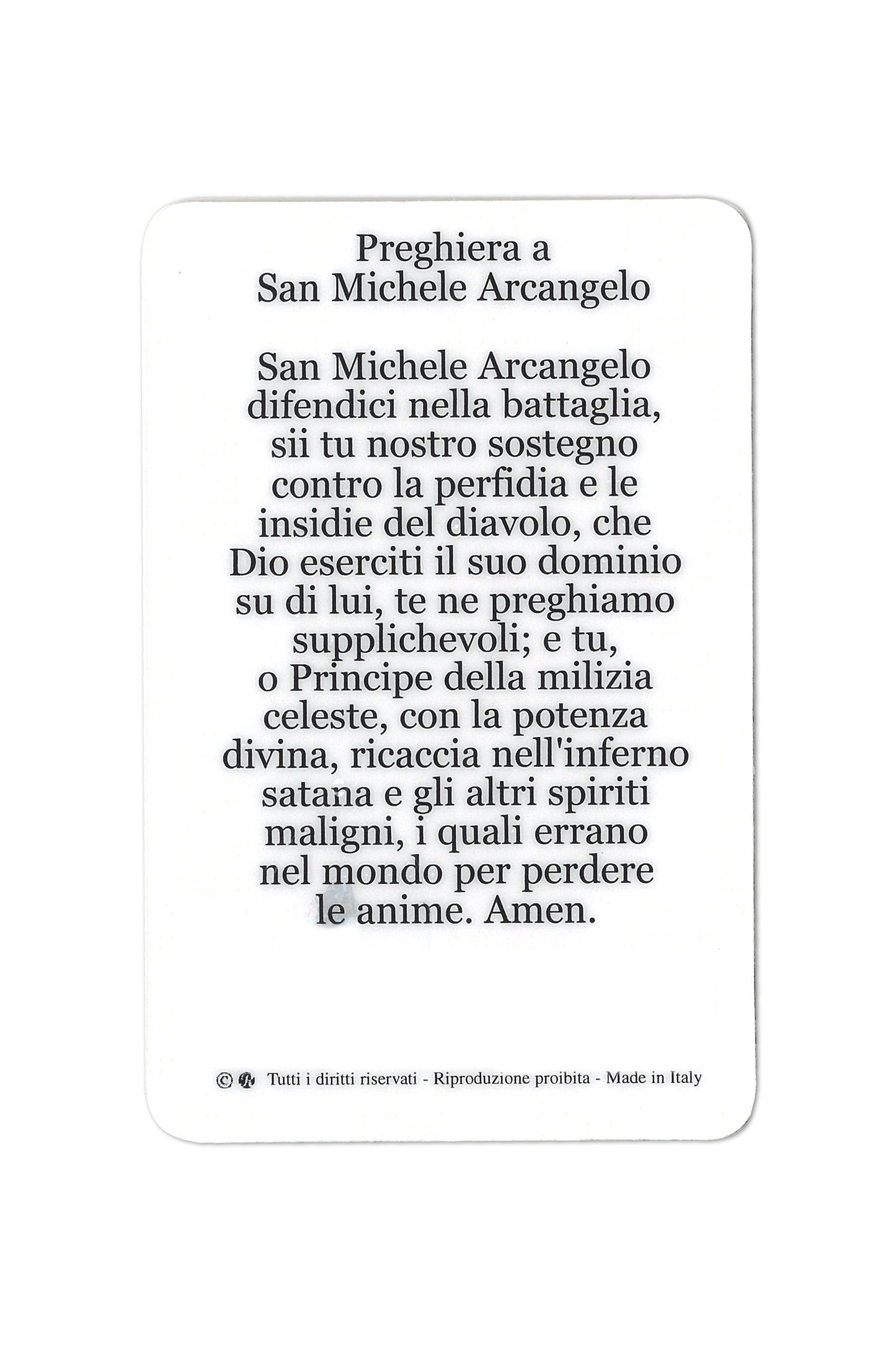 Card plastificata San Michele Arcangelo, da collezione. Dimensioni 5,5x8,5 cm