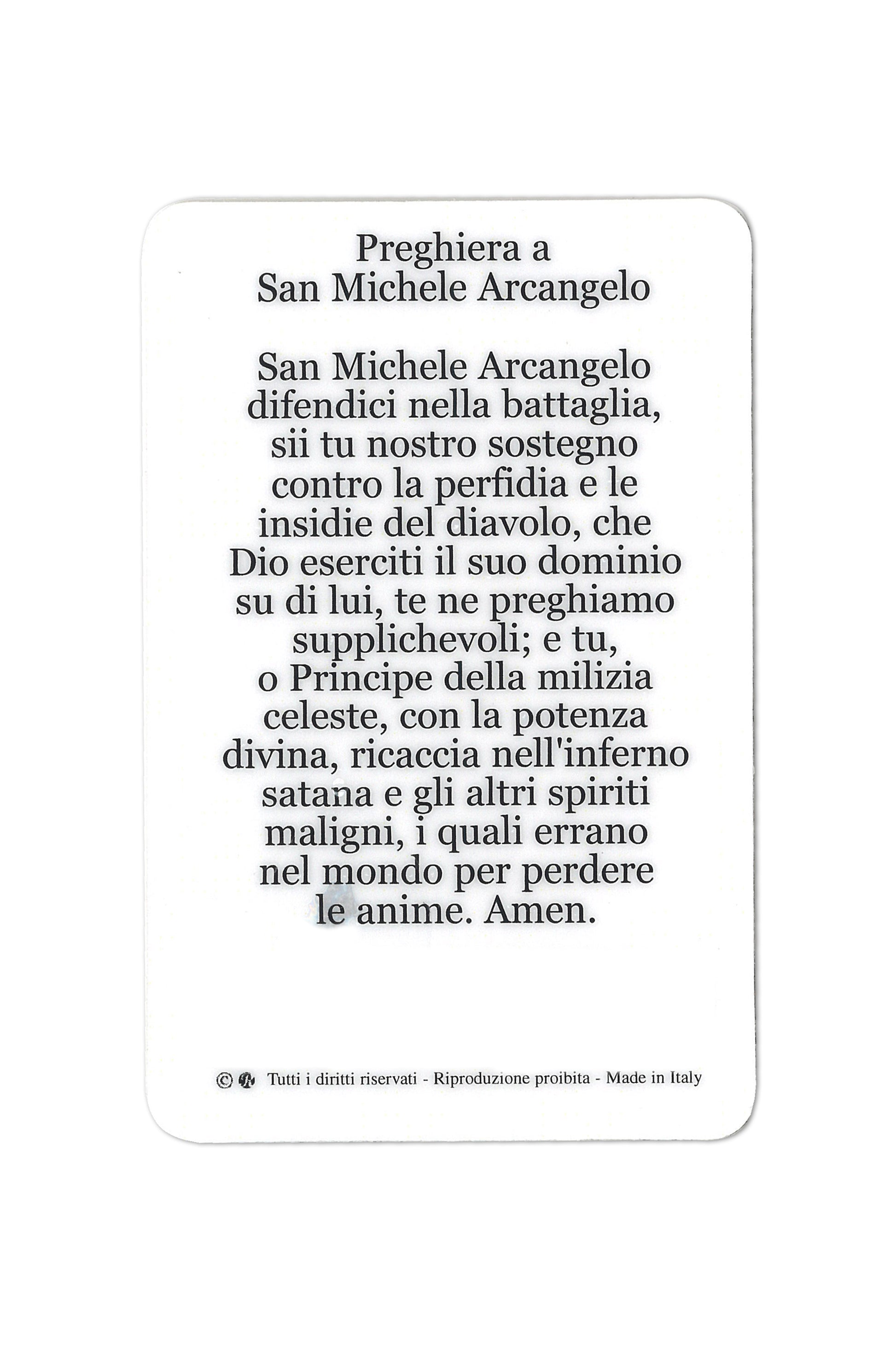 Card plastificata San Michele Arcangelo, da collezione. Dimensioni 5,5x8,5 cm