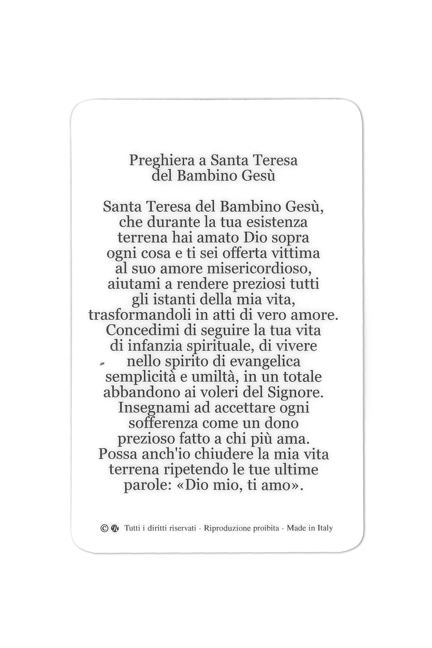 Card plastificata Santa teresa di Lisieux. Dimensioni 5,5x8,5 cm
